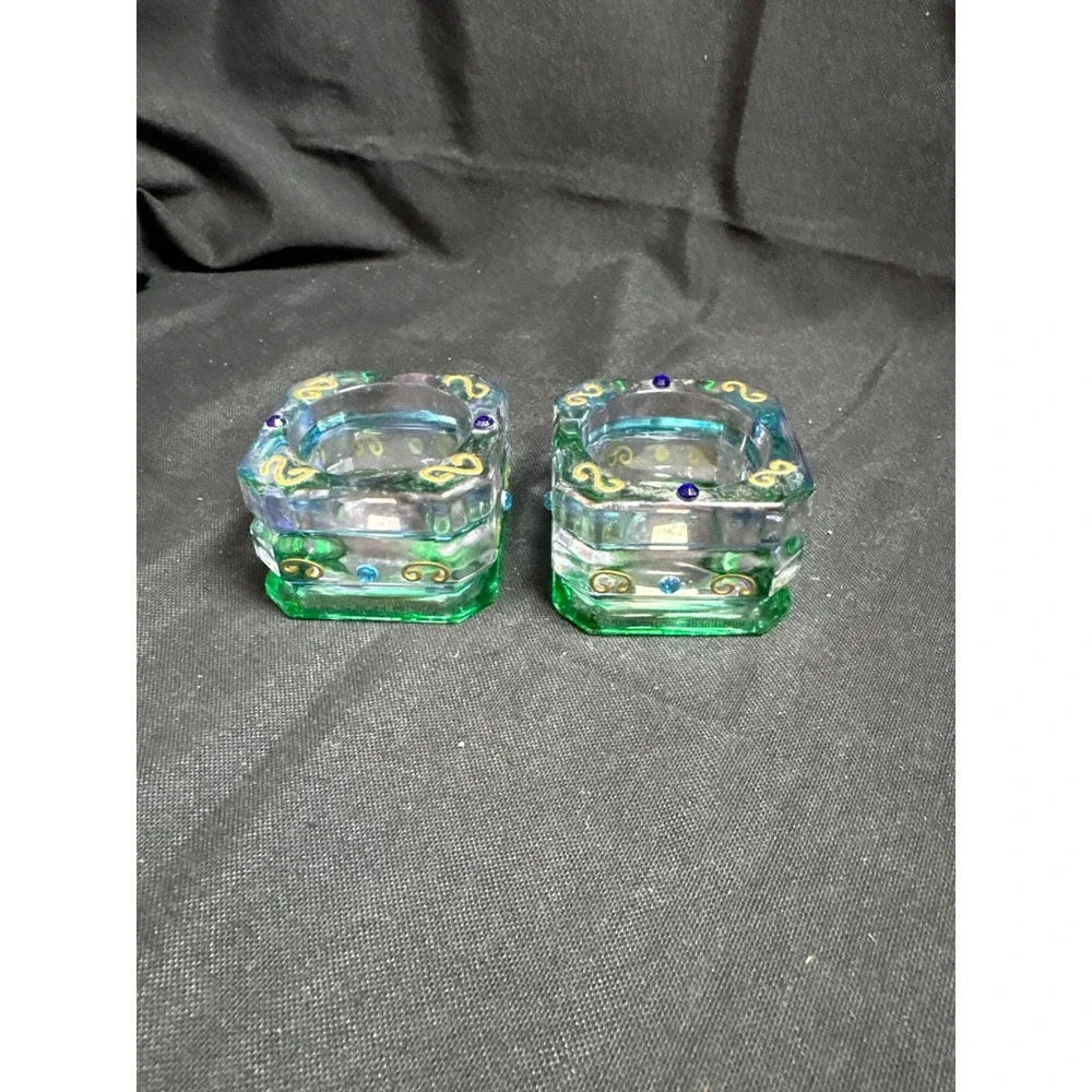 PartyLite Vintage Green Blue Glass Votive Candle Holders Gold Scroll Set of 2 - Picture 1 of 3